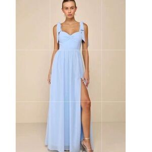 Lulus full length dress light blue size S sleeveless slit straps bows formal
